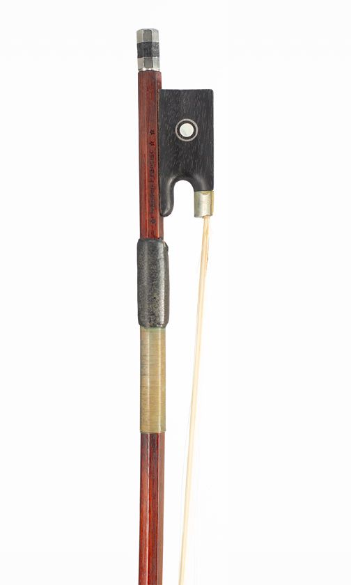 A nickel-mounted violin bow, branded Ivacson Francisc