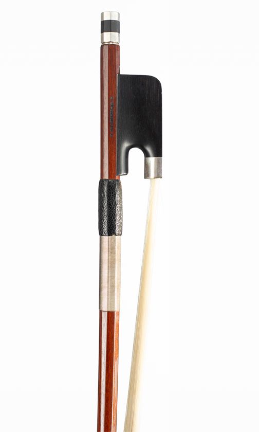 A silver-mounted cello bow, branded Neudorfer, Swiss made