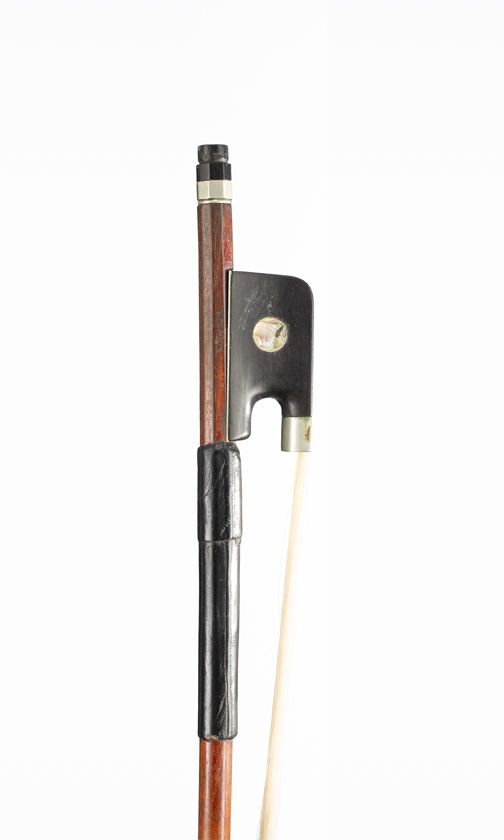 A nickel-mounted cello bow, branded L. Bausch