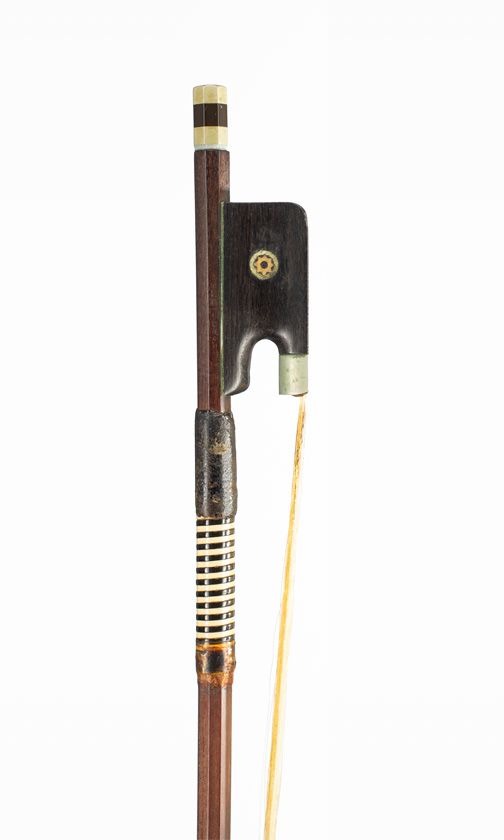 A nickel-mounted cello bow, branded Artist