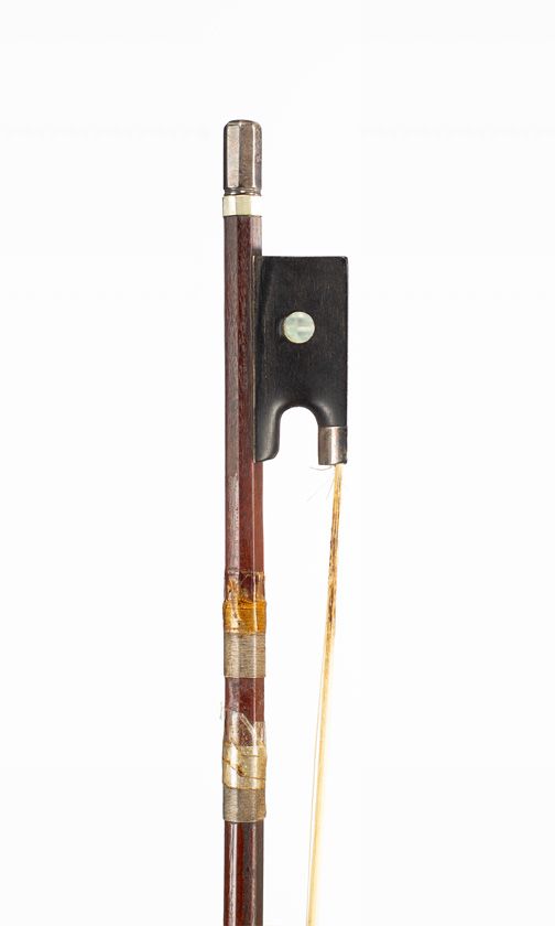 A silver-mounted violin bow, branded Hawkes and Sons