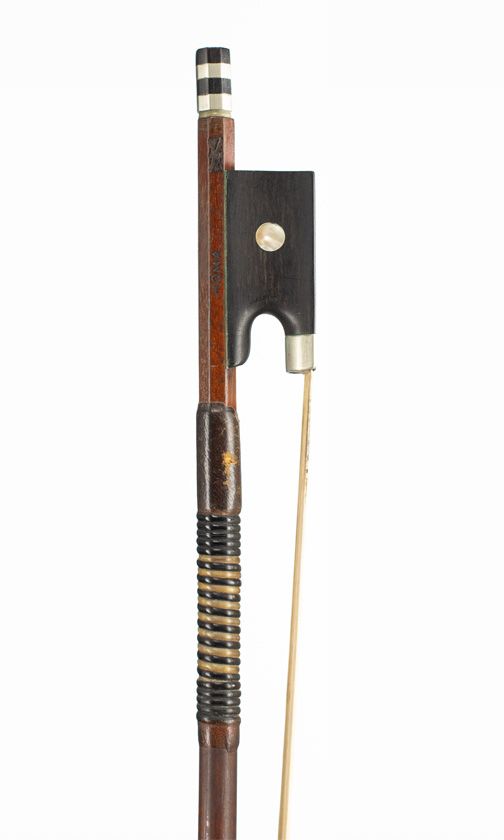 A nickel-mounted violin bow, branded Homa