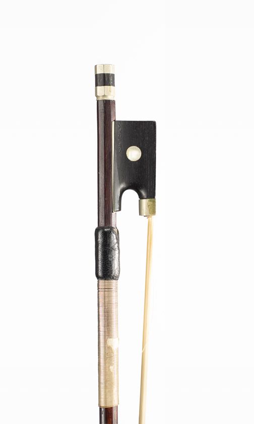 A nickel-mounted violin bow, branded H. Metzner