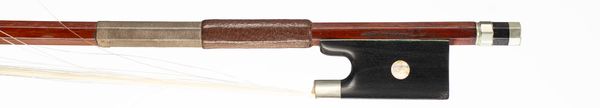 A nickel-mounted violin bow, branded August Rau