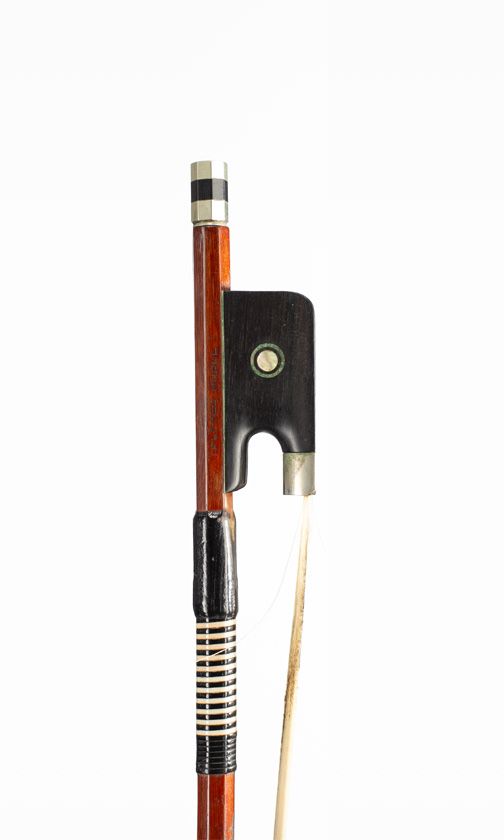 A nickel-mounted cello bow, branded Alfred Knoll