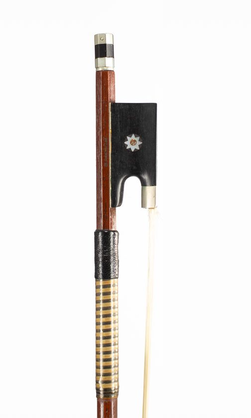 A nickel-mounted violin bow, branded Bausch