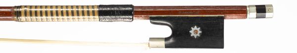 A nickel-mounted violin bow, branded Bausch