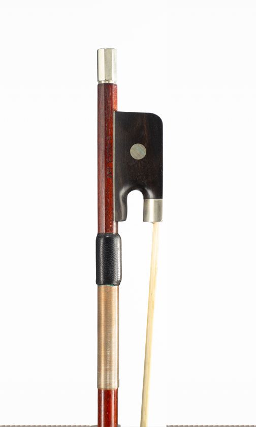 A nickel-mounted cello bow, branded Ary France