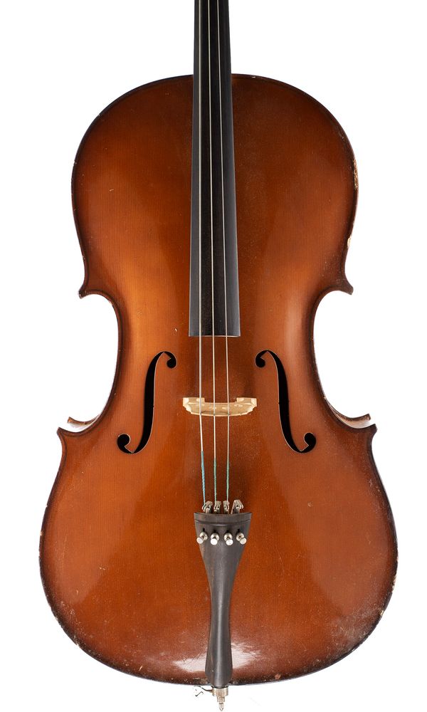 A cello, labelled Musikinstrumentenfabrik