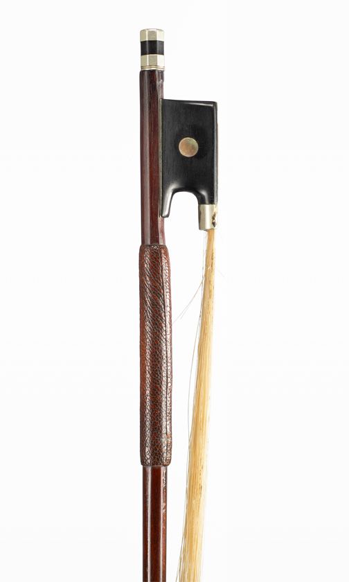 A nickel-mounted violin bow, branded Vuillaume