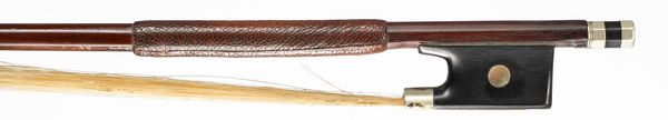 A nickel-mounted violin bow, branded Vuillaume
