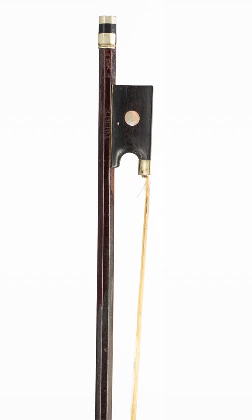 A nickel-mounted violin bow, branded Tourte