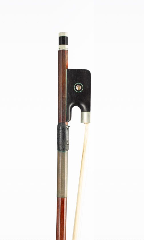 A nickel-mounted cello bow, branded Dörfler
