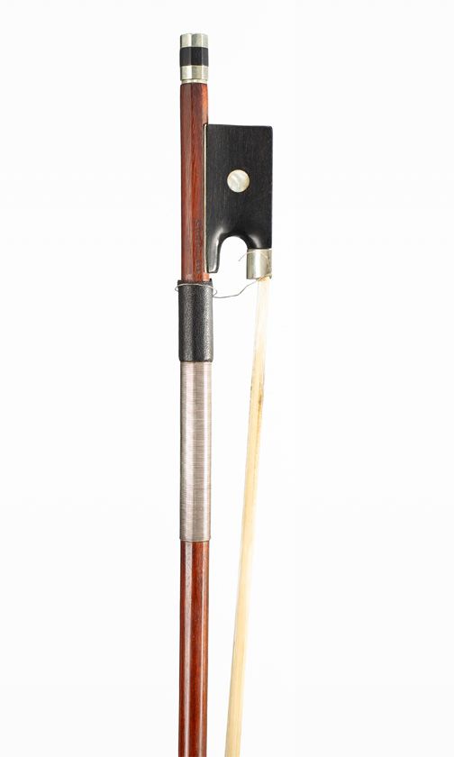A nickel-mounted violin bow, branded Jas Tubbs