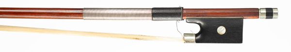 A nickel-mounted violin bow, branded Jas Tubbs