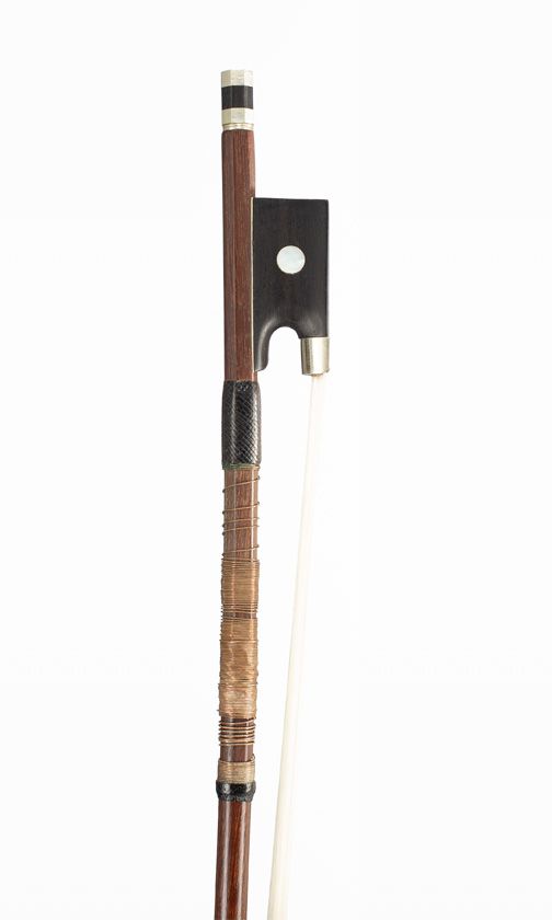 A child-sized nickel-mounted violin bow, unbranded