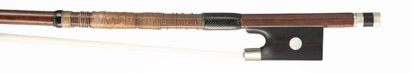 A child-sized nickel-mounted violin bow, unbranded
