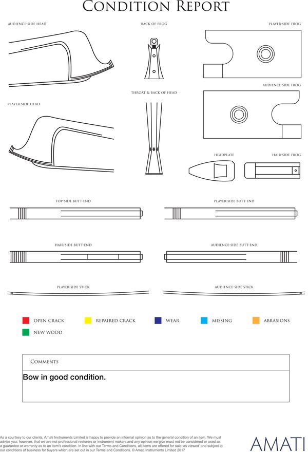 A nickel-mounted violin bow, branded W. Dorfler - condition report