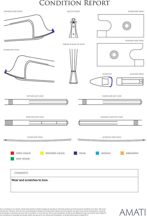A nickel-mounted violin bow, unbranded - condition report