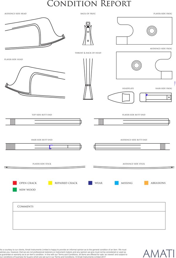 A silver-mounted violin bow, branded Carrodus - condition report