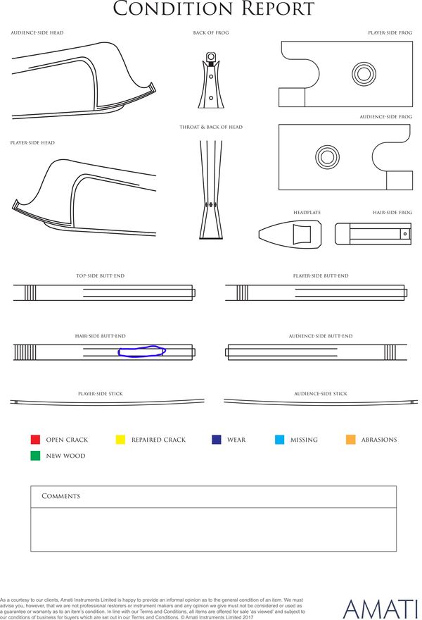 A small-sized nickel-mounted violin bow, unbranded - condition report