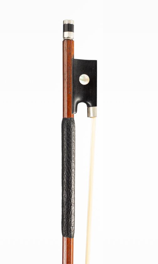 A nickel-mounted violin bow, branded Lowendall's