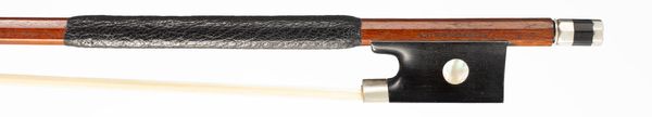 A nickel-mounted violin bow, branded Lowendall's