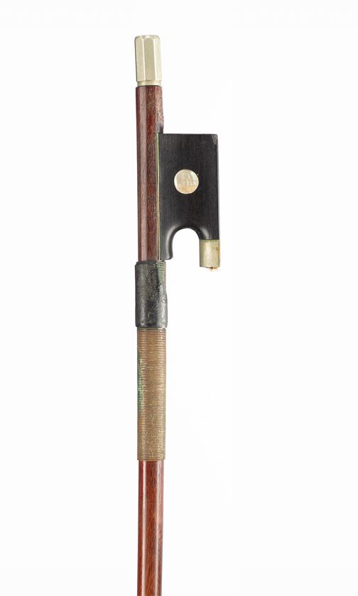 A nickel-mounted violin bow, branded Nach Bausch