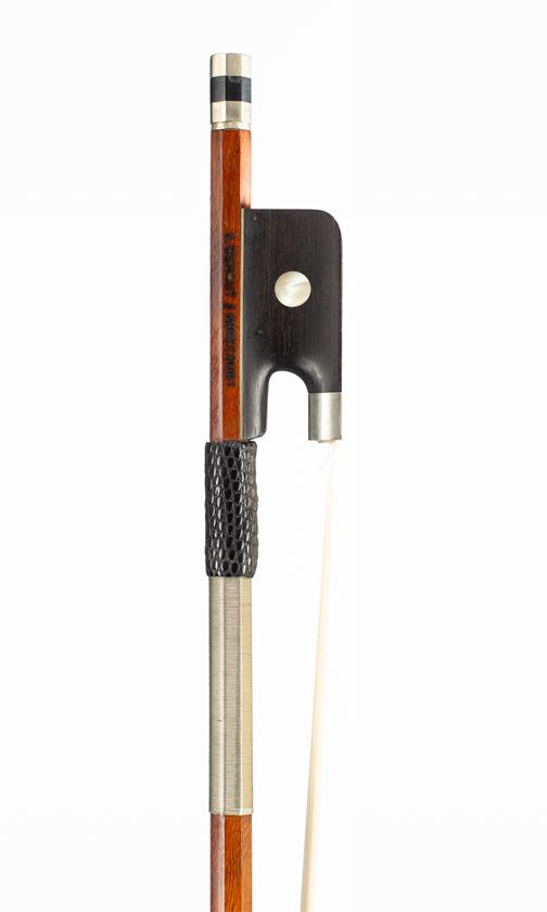 A nickel-mounted violin bow, branded ' G. Duhaut à Mirecourt'