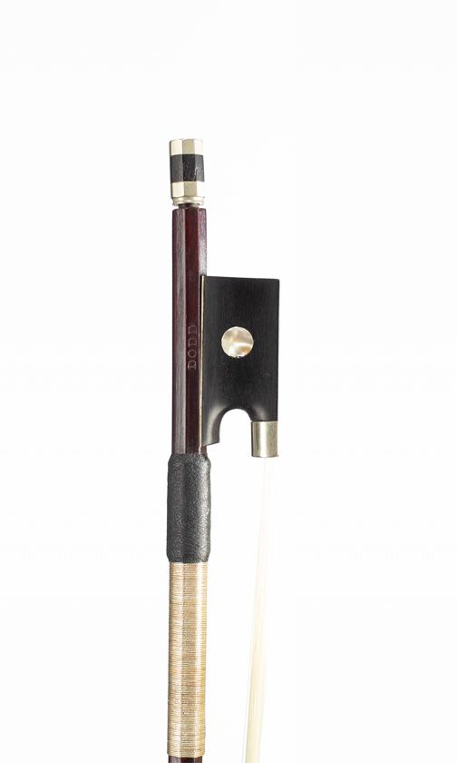 A nickel-mounted violin bow, branded Dodd