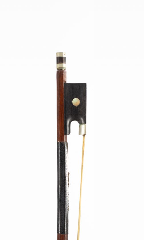 A three-quarter sized nickel-mounted violin bow, unbranded