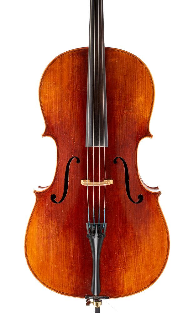 A three quarter-sized cello, labelled Renzo Pasolini