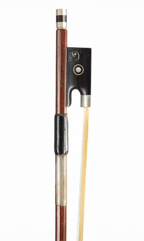 A nickel-mounted violin bow, branded F. Habel