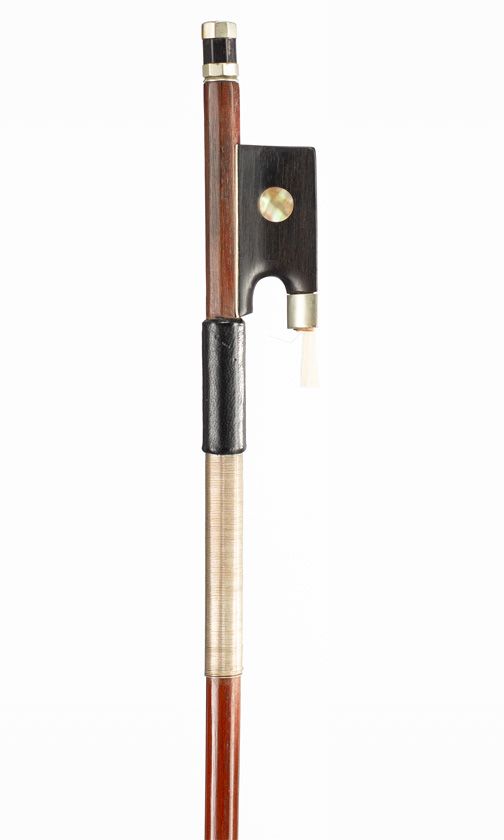 A nickel-mounted violin bow, branded G. Bazin