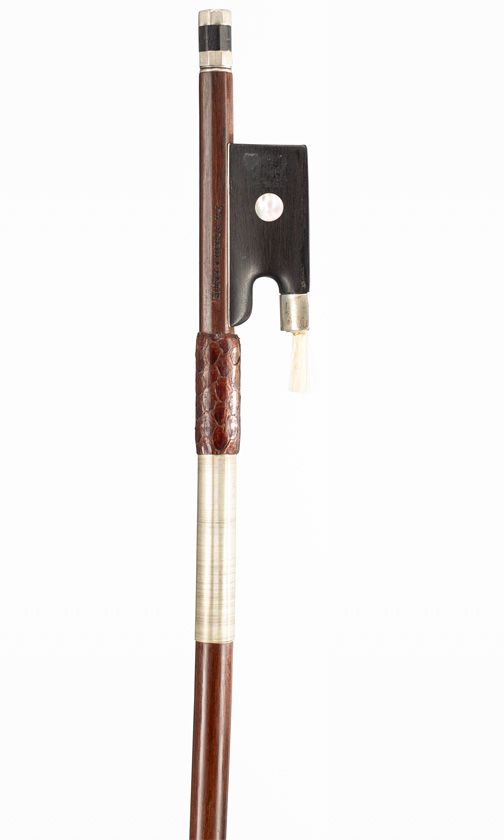 A nickel-mounted violin bow, branded F. N. Voirin a Paris
