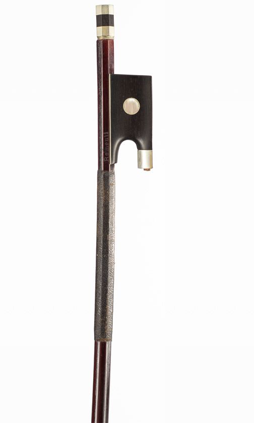 A nickel-mounted violin bow, branded Remenji