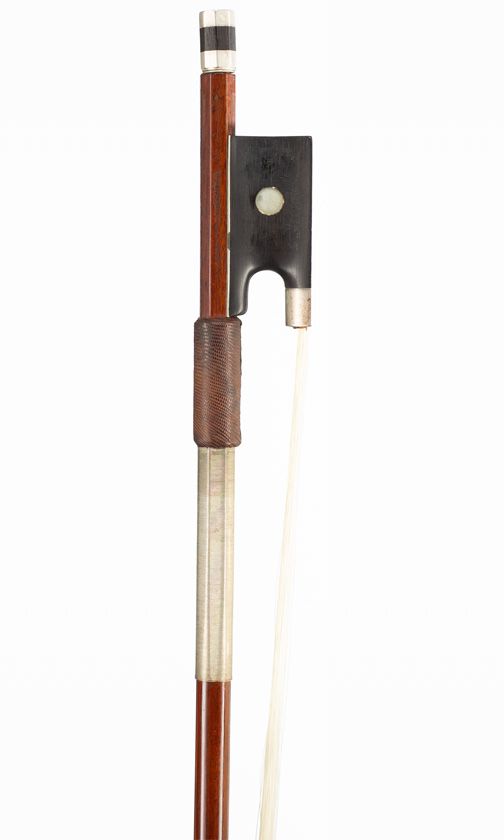 A nickel-mounted violin bow, branded Gand & Bernardel