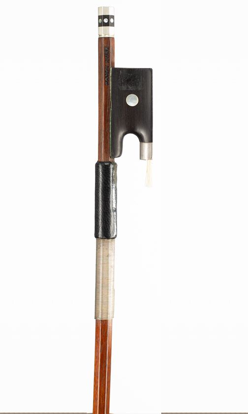 A nickel-mounted violin bow, branded Fonclause