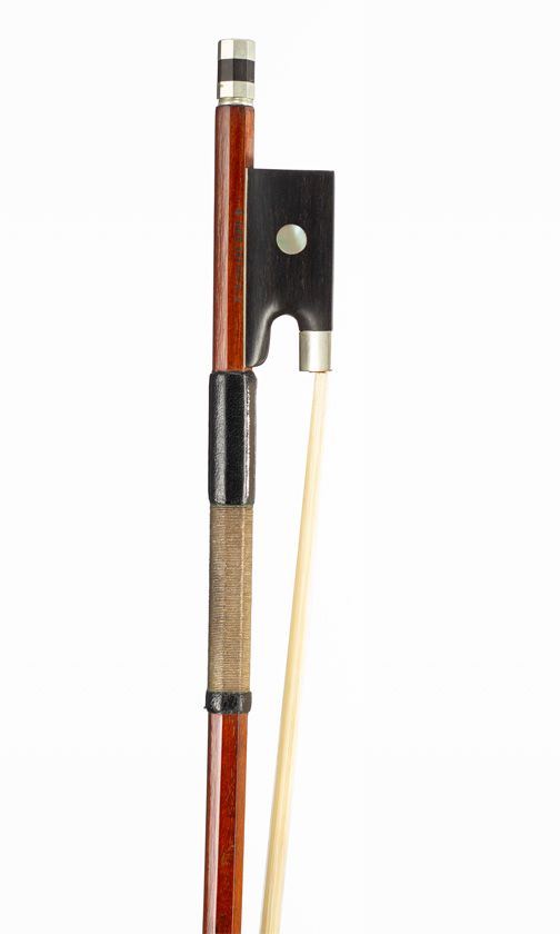 A nickel-mounted violin bow, branded H. Walter Zapf