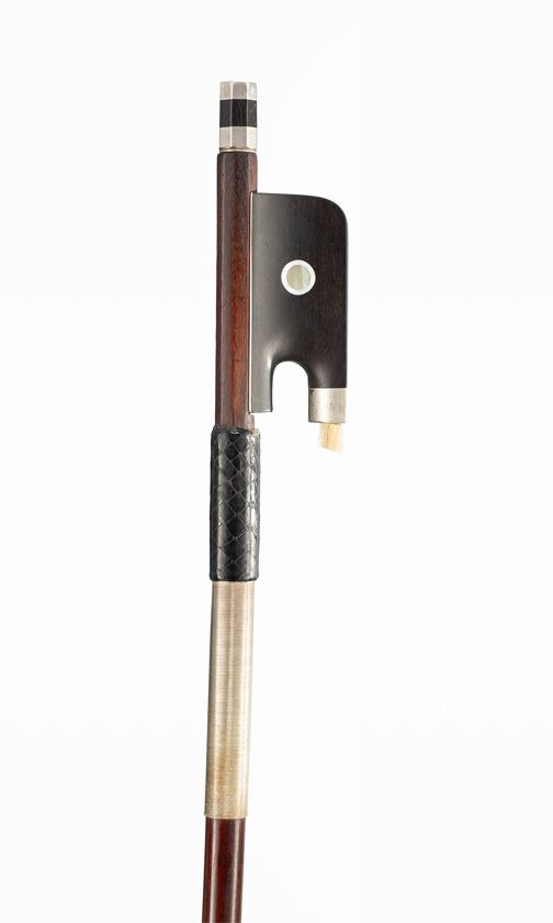 A silver-mounted cello bow, branded Simon a Paris