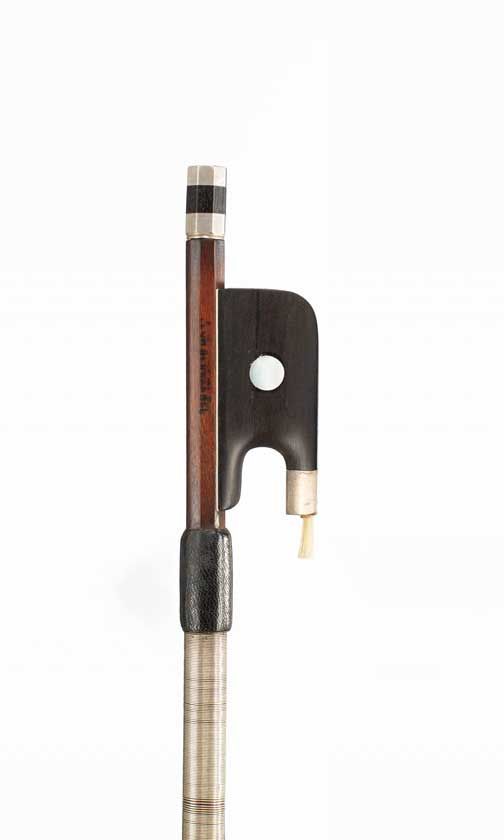 A silver-mounted cello bow, branded Leon Bernardel