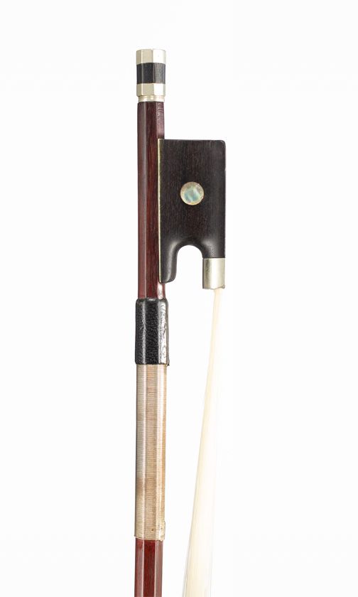 A nickel-mounted violin bow, branded [faintly]
