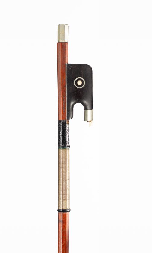 A nickel-mounted violin bow by Louis Morizot, Mirecourt