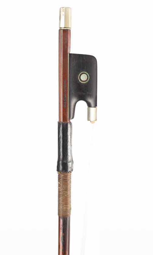A nickel-mounted violin bow, branded Albert Hanson