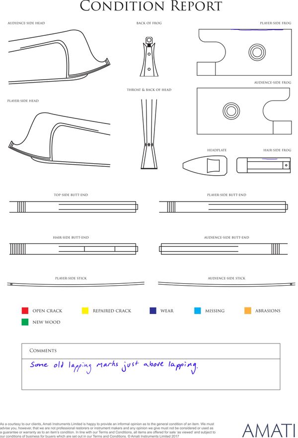 A silver-mounted violin bow, the stick by Claude Auguste Thomassin, France, circa 1910 - condition report