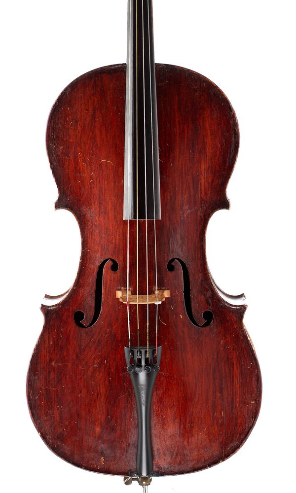 A half-sized cello, labelled Carlo Bergonzi