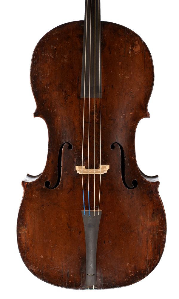 A cello, inscribed with multiple repairers' names