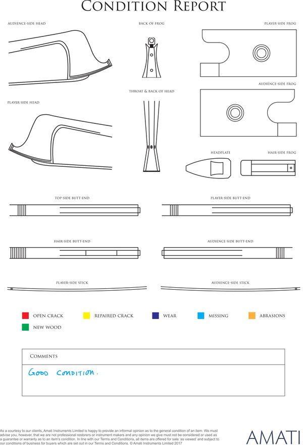 A silver and white metal-mounted violin bow, Workshop of W. E. Hill & Sons, England, circa 1920 - condition report