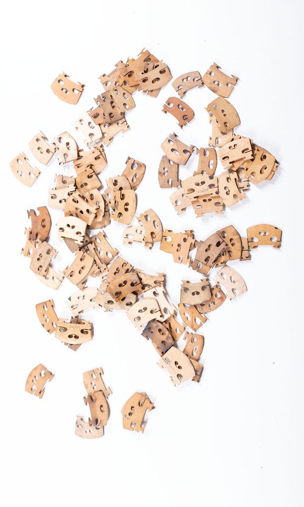 A bundle of ninety-three violin / viola bridges, varying sizes