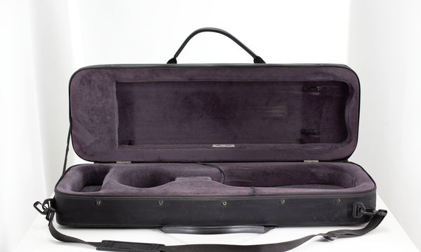 A violin case, branded Orly